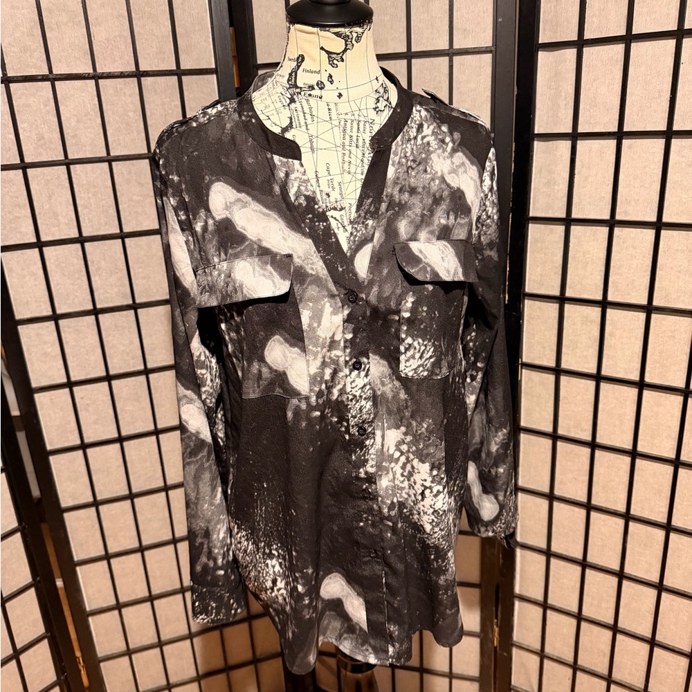 🎯Calvin Klein Monochrome Pattern Marble Abstract tie dye blouse tricolor top L